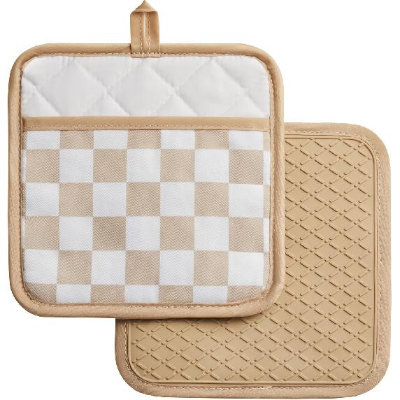 Pink Checkered Pot Holder, Checkerboard Potholders for Kitchen, Silicone Pot Holders with Pocket for Kitchen Clearance 2 Pack Set, Hot Pads and Oven