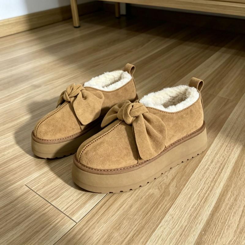 Womens Winter Flat Snow Boots With Bow Detail Genuine Leather Fur-Lined Slip-On Ankle