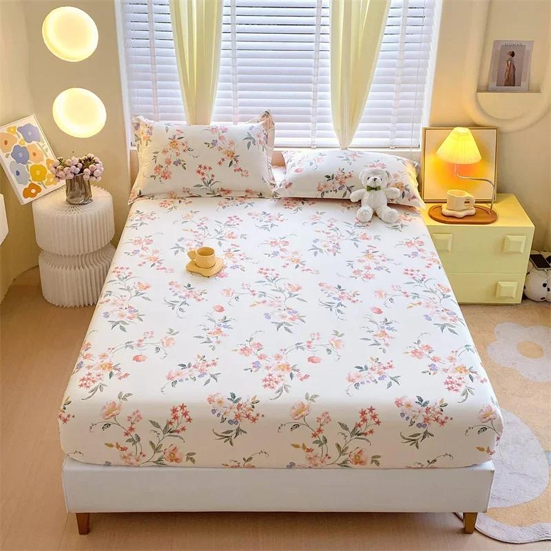 Soft Bedsheet Printed Fitted Sheet 100% Cotton Bed Cover Single/Queen Size Bed Linen Protetor De Colchão (No Pillowcase