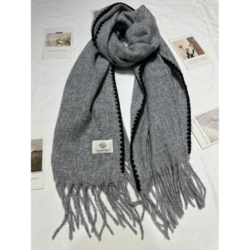 New Ins Versatile Atmosphere Solid Color Dog Tooth Edge Imitation Cashmere Scarf Thickened Large Version Scarf Shawl