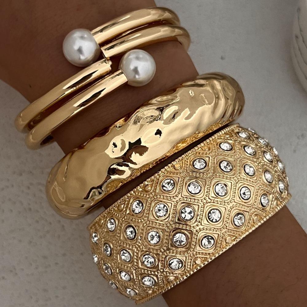 Wide Exaggerated Bangle Metal Rhinestone Inlay Bangle Metal Geometric Bracelets  Women Girls