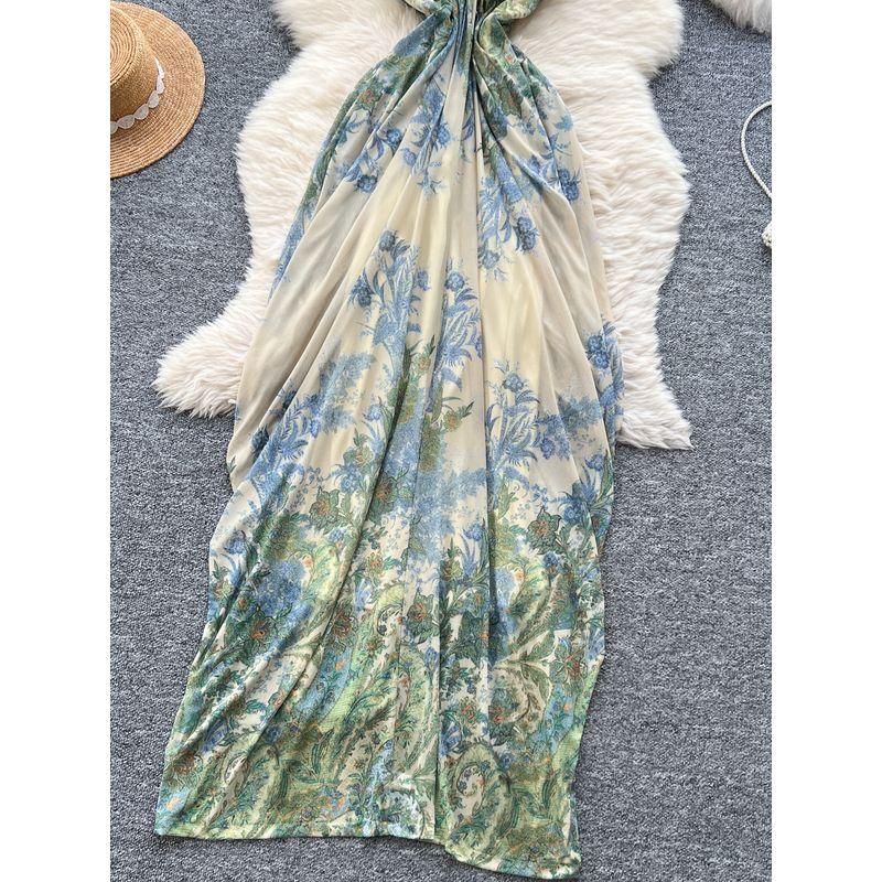 French Style Holiday Style Dress Women 2025 Summer Niche Design Sense Bustier Irregular Print Long Skirt