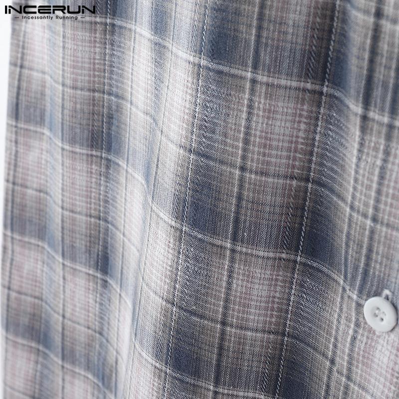 INCERUN Men Lapel Sleeveless Gradient Plaid Print Casual Shirts Tank Tops