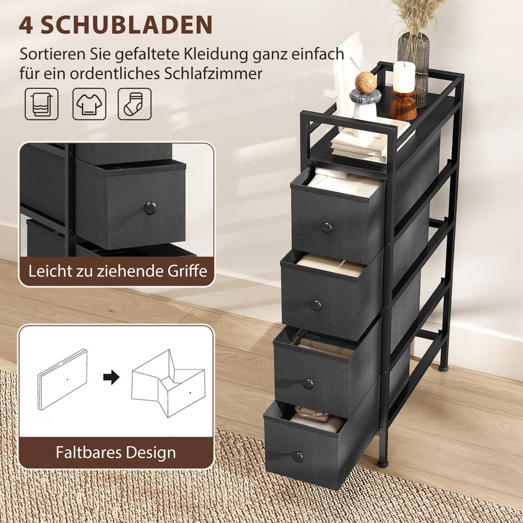 4 Drawer Fabric Dresser Chest of Drawers, Slim Storage Cabinet with Steel Frame for Small Spaces, Bedroom, Black