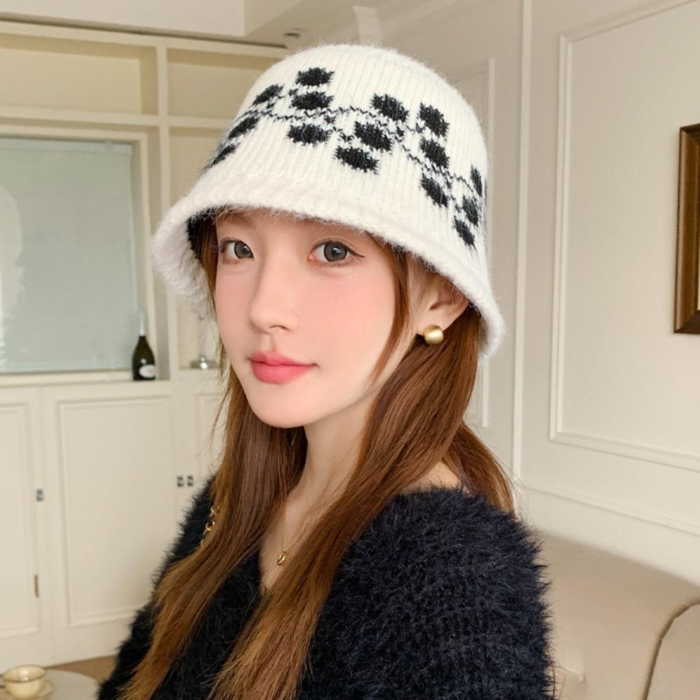Sweet Floral Knitted Bucket Hat Retro Warm Fisherman Hat Jacquard Woolen Hat  Autumn and Winter