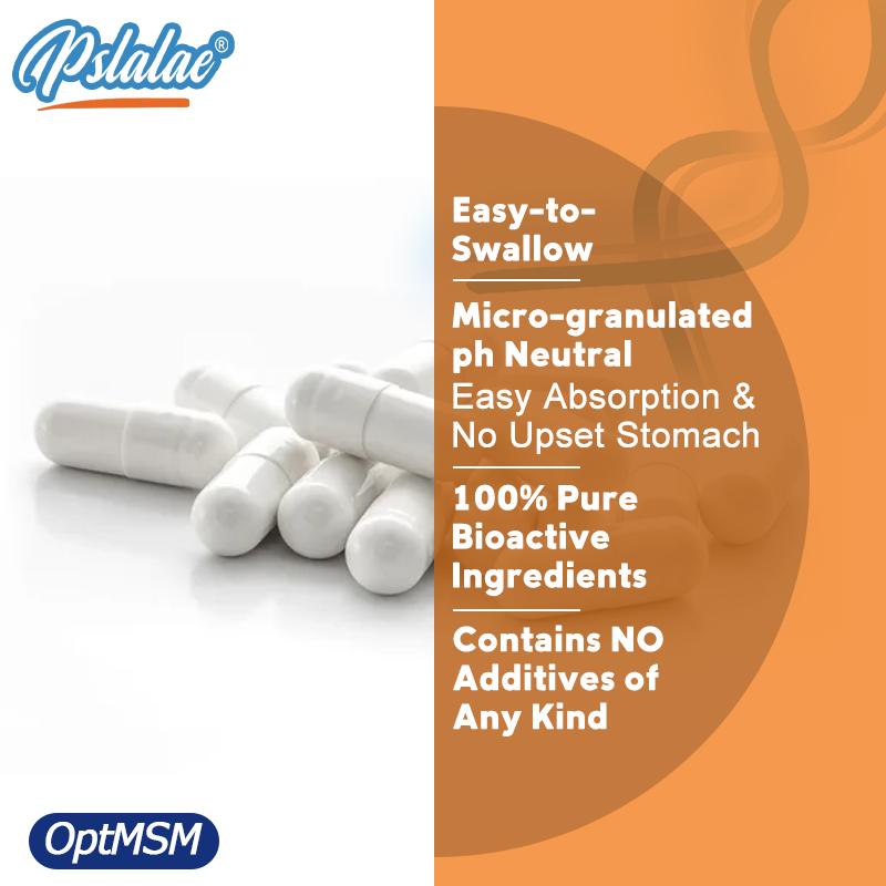 Pslalae contains MSM supplements to support joint health, boost the immune system, has antioxidant properties, and is non-GMO.