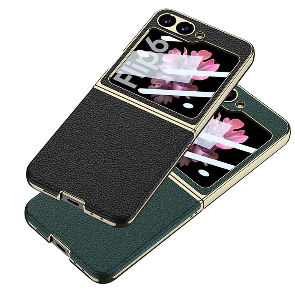 Samsung Zflip6 Mobile Phone Case Lychee Leather Pattern Folding Flip6 Personality Electroplating Curved Surface Plain Leather Protective Case