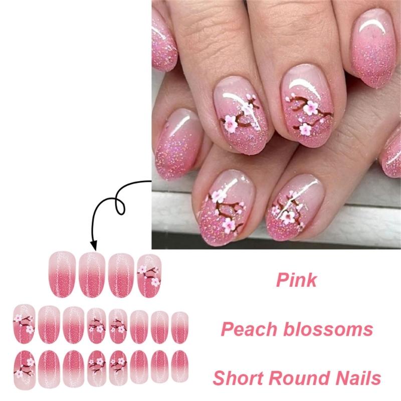 24 Pcs Simple Artificial Nail Short Round Full Cover False Nail Glittering Stick on Nail Peach Blossoms Press On Nail
