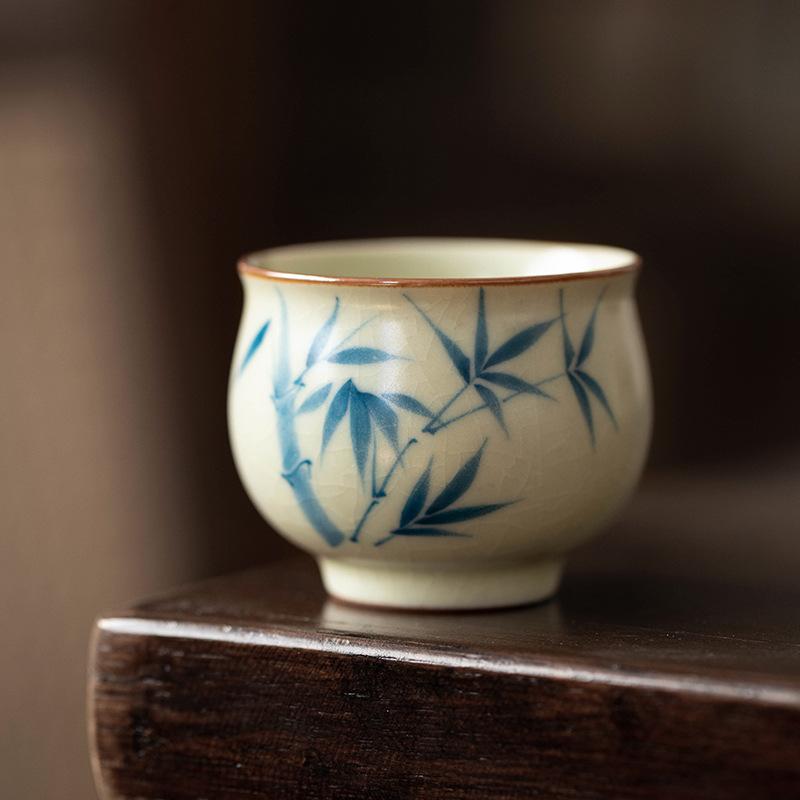 Huang Ru Kiln pure hand-painted bamboo teacup master cup ceramic high-end tea teapot cover bowl tea cup kung fu tea set