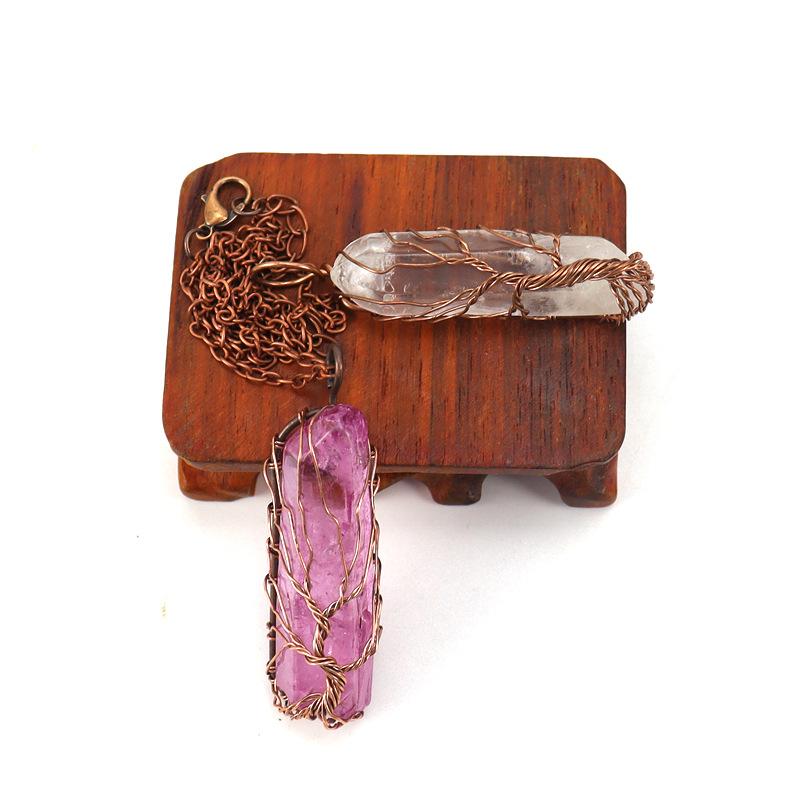 Vintage Hand-Wound Colorful Crystal Stone Necklace, Crystal Pillar Life Tree Necklace N523