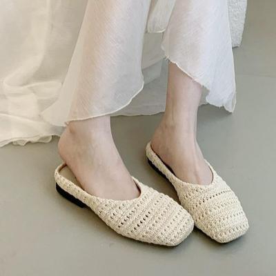 Retro Woven Bag Head Half Slippers Women's Outer Wear 2025 New Summer Vacation Style Blue Pedal Muller Sandals