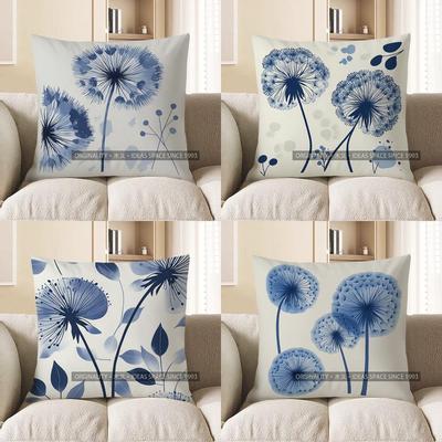 Home Decor Blue Dandelion Print Decorative Pillow Cover Pattern Cushion Cover Suitable for Sofa Bedroom Car Pillow Cover