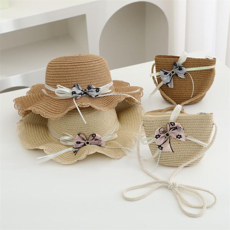 Newest holiday child girl straw hat and bag 2pcs a set floral sun hat baby beach Floppy Panama casquette gorros shoulder bags