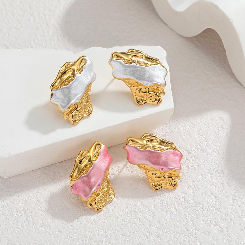 Douyin-Inspired Irregular Pleated Lava Texture Earrings - 18K Gold with Color-Blocked Enamel Design for Women