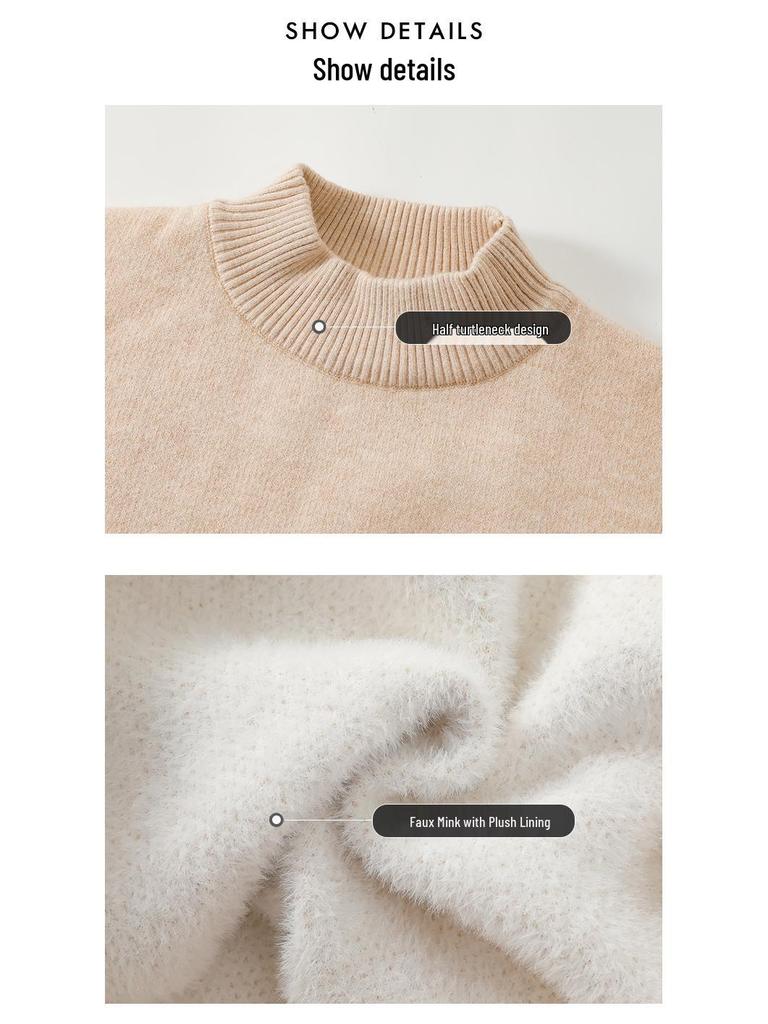 Men's Plush Half-High Collar Sweater, Fleece Knitwear, Thickened Warm Base Layer, Cross-Border Knit Sweater