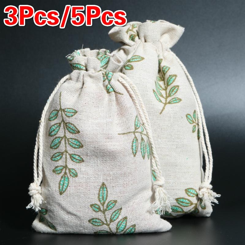 

3Pcs / 5Pcs Gift Bags Linen Green Leaves Packaging Drawstring Pouches Gift Jewelry Packaging Wedding 13X18cm