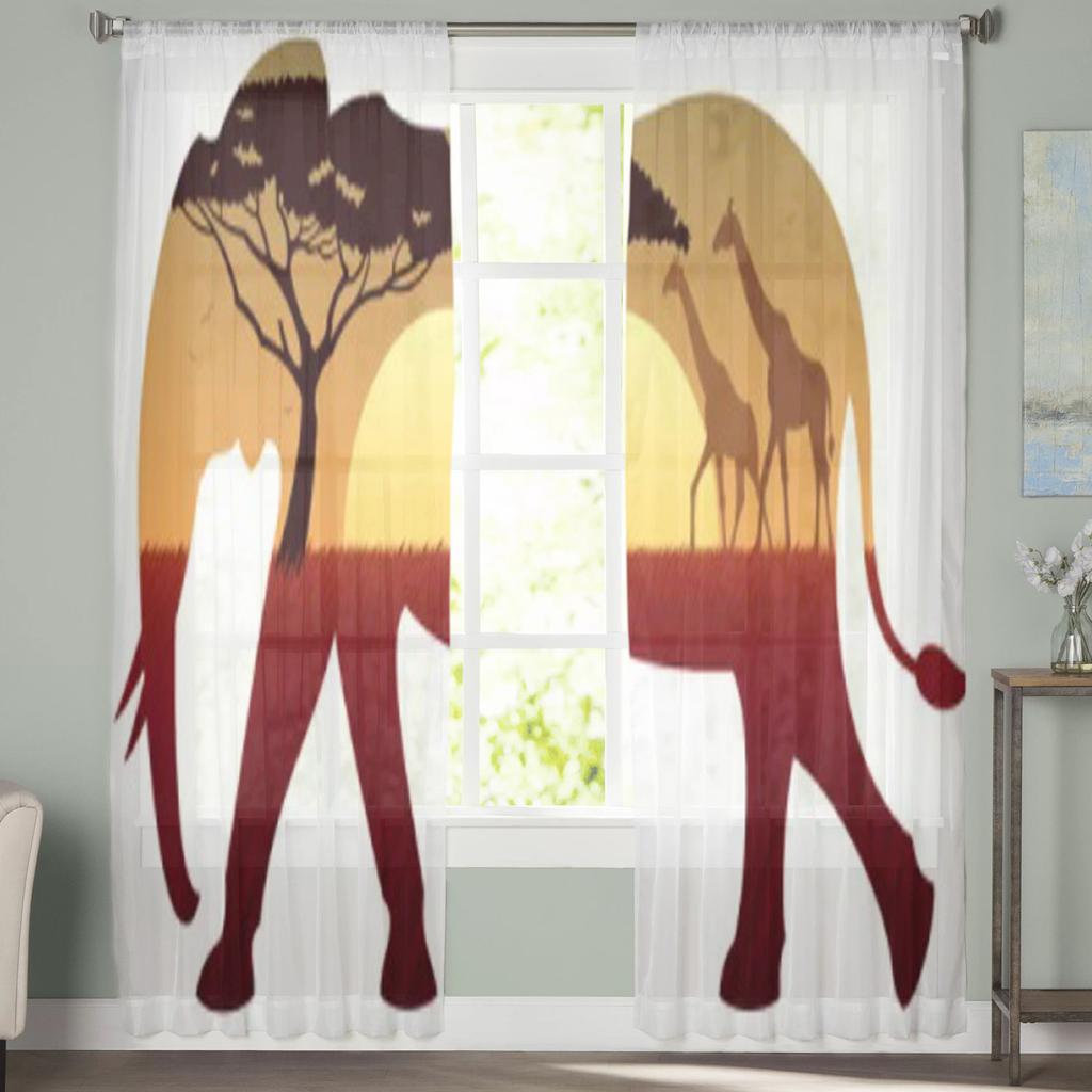 African Landscape Elephant Sheer Curtains For Bedroom Living Room Tulle Curtains For Kitchen Window Voile Curtains