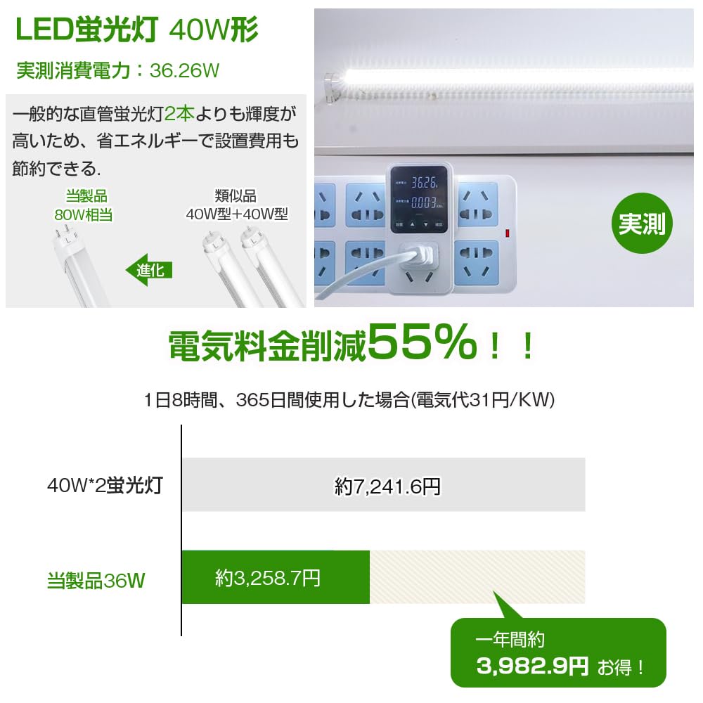 Single-side Power Supply LED Fluorescent Lamp, 40W Straight Tube, High Light Output of 5400lm, Equivalent To Two Light Sources, 5000k Daylight White,