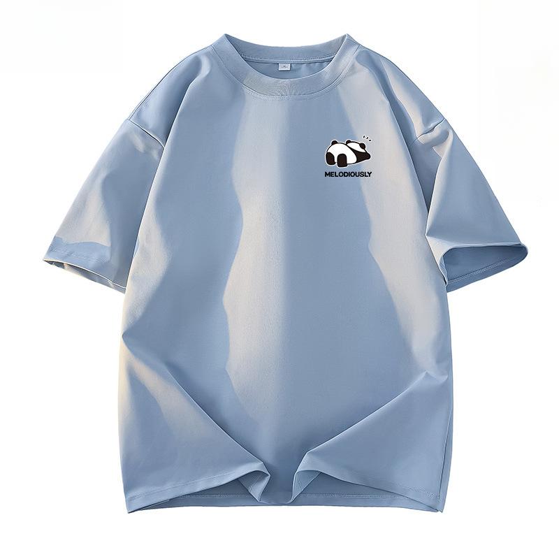 

Summer Loose Fit Cotton T-Shirt with Panda Graphic Print and Five-Minute Sleeves S чорний