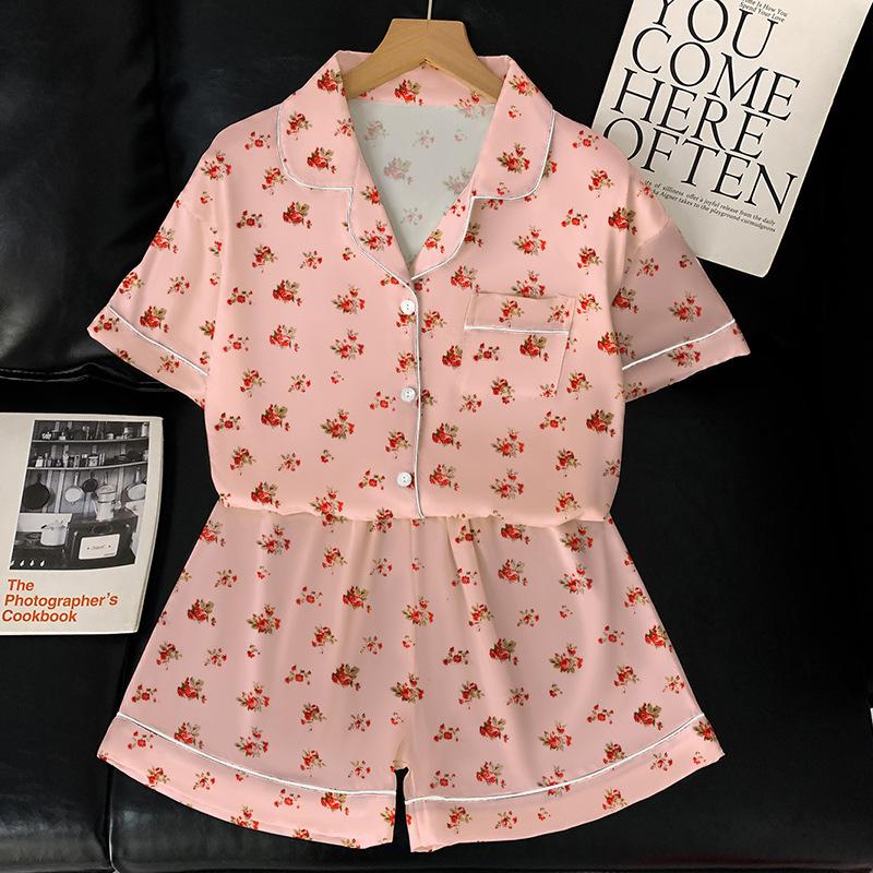 Sweet Girl Pink Small Floral Pajamas Women'S Summer Ice Silk High-Value Short-Sleeved Silk Loungewear Suit