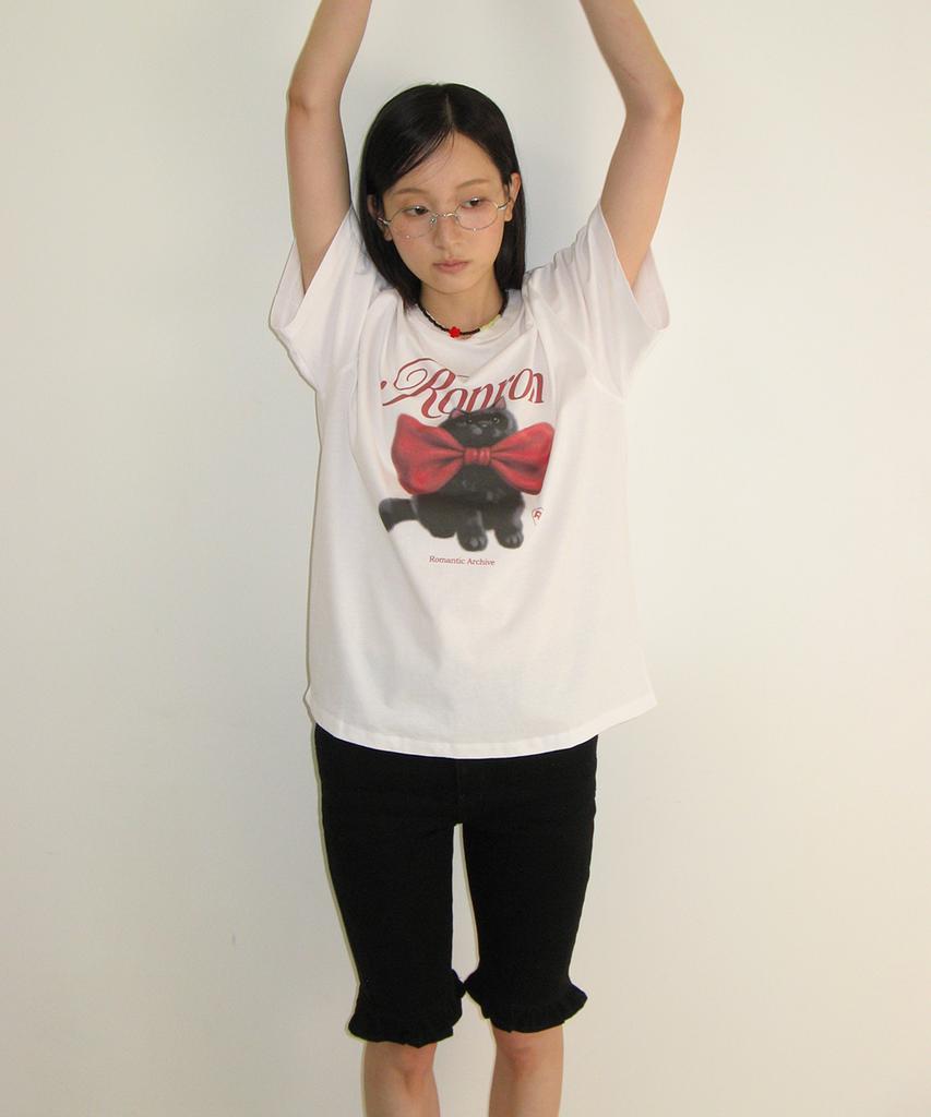 RONRON Big Ribbon Cat Basic Fit T Shirt White