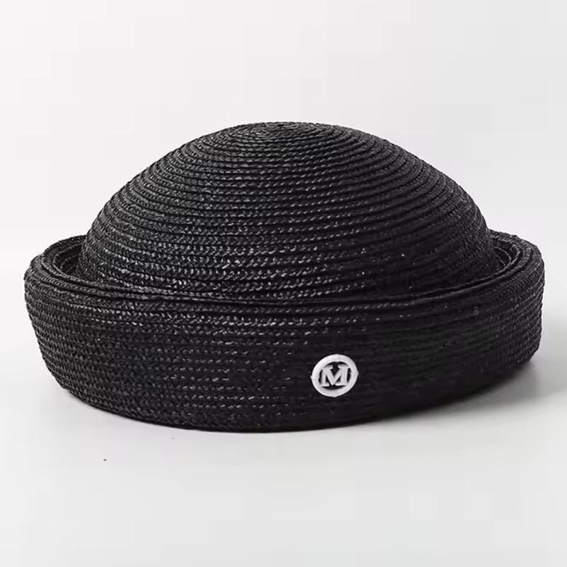 Ins Blogger Natural Straw Pillbox Hat Flat Berets Women HandWoven Sun Hat Summer Circle Concave Top Church Derby Party Beach Cap