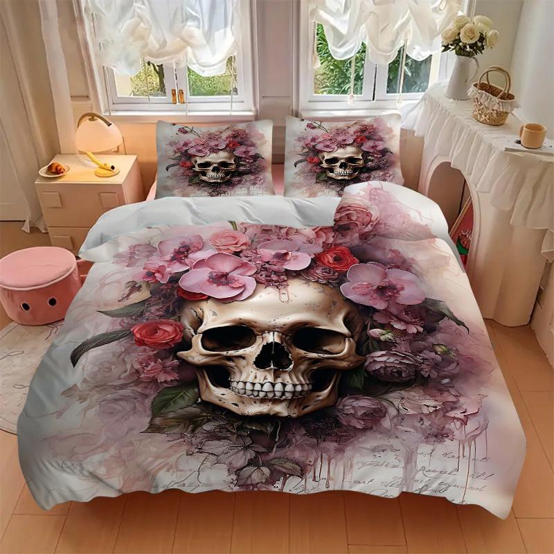 3pcs Skull & Blooms Quilt Set - Soft and Comfortable Bedroom, Guest Room and Dorm Decor Bedding Set 1 Quilt Cover + 2 Pillowcases.W080