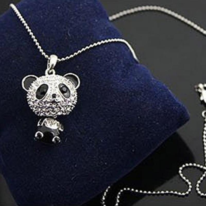 Women Fashion Lovely Rhinestone Panda Pendant Beaded Long Sweater Chain Necklace