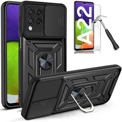 Schutzhülle - PROSHOP - für Samsung A22 4G - Hart - Schwarz - Armee-Stil - 2 gehärtete Gläser