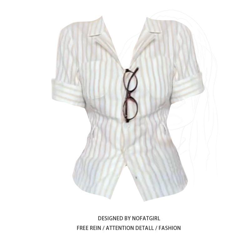 

Plus size Fat Sister Korean Series Temperament Patchwork Stripe Lapel Short sleeve Shirts Women Summer Waist Hugging Lace-up Slimming Top Top M