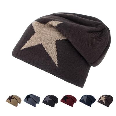 Knitted Wool Hat Men Winter Velvet Warm Big Star Pullover Outdoor Running Hiking Hat Ski Skullies Beanies Thermal Street Caps