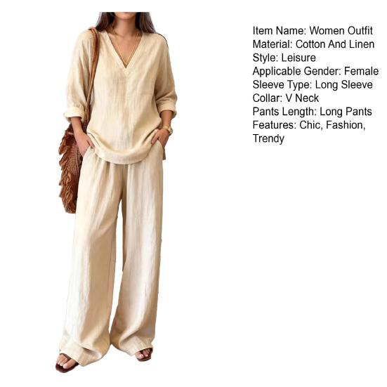 Women Linen 2 Piece Sets Sleeve V Neck Summer Long Shirts Matching Wide Leg Pants Lounge