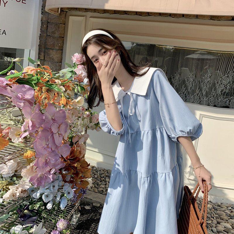 Women s All Match Everyday Cute Casual Short Sleeve Dress S синий