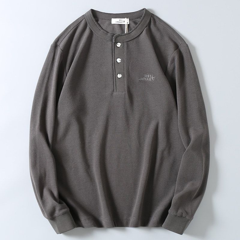 Export American Style Casual Henry Collar Letter Embroidered Long Sleeve T-shirt Men's Spring and Autumn 240G Heavy Weight Waffle Bottoming Shirt