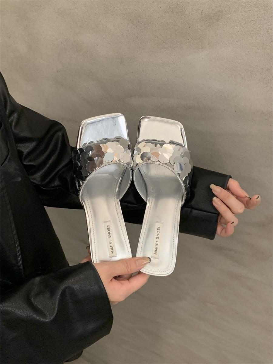 

Summer Female Sequins Slippers Open Toe High Heeled Sandals Women Square Head Comfort Lightweight Non-slip Shoes 40 срібний