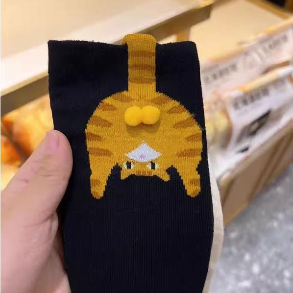 5 Par Tecknade 3D Katt Ägg Design Mellanhöga Strumpor för Kvinnor Mjuka Andningsbara Söta och Roliga Parstrumpor