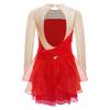 Kids Girls Stage Performance Dress Glitter Rhinestones Sheer Mesh Long Sleeves Cutout Back Figure Skating Costume