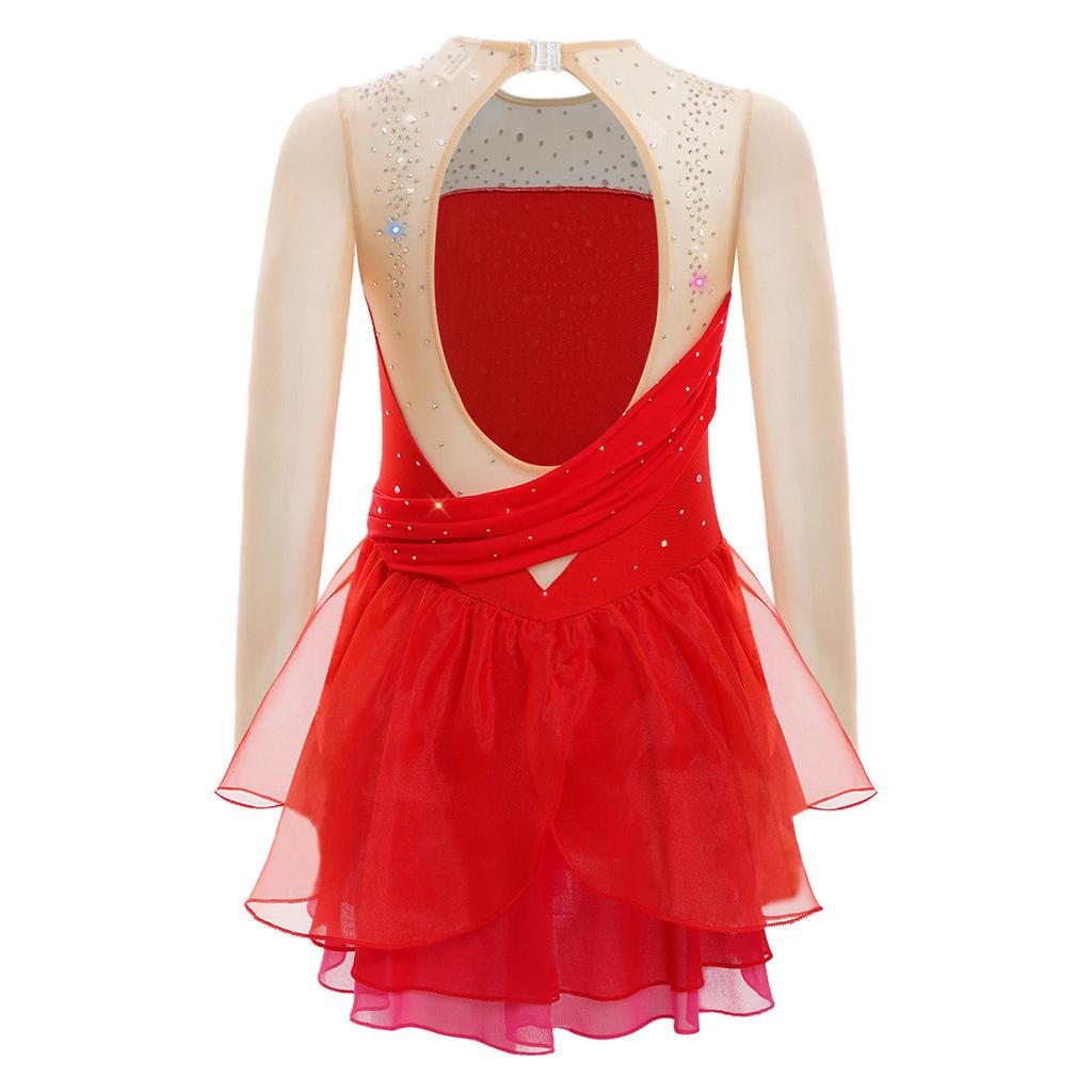 Kids Girls Stage Performance Dress Glitter Rhinestones Sheer Mesh Long Sleeves Cutout Back Figure Skating Costume