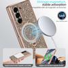 Glitter Bling Faux Leather Plating Magnetic Phone Case for Galaxy Z Fold 7 Fold 6 with Rotatable Holder, Anti-peeping Glass Film