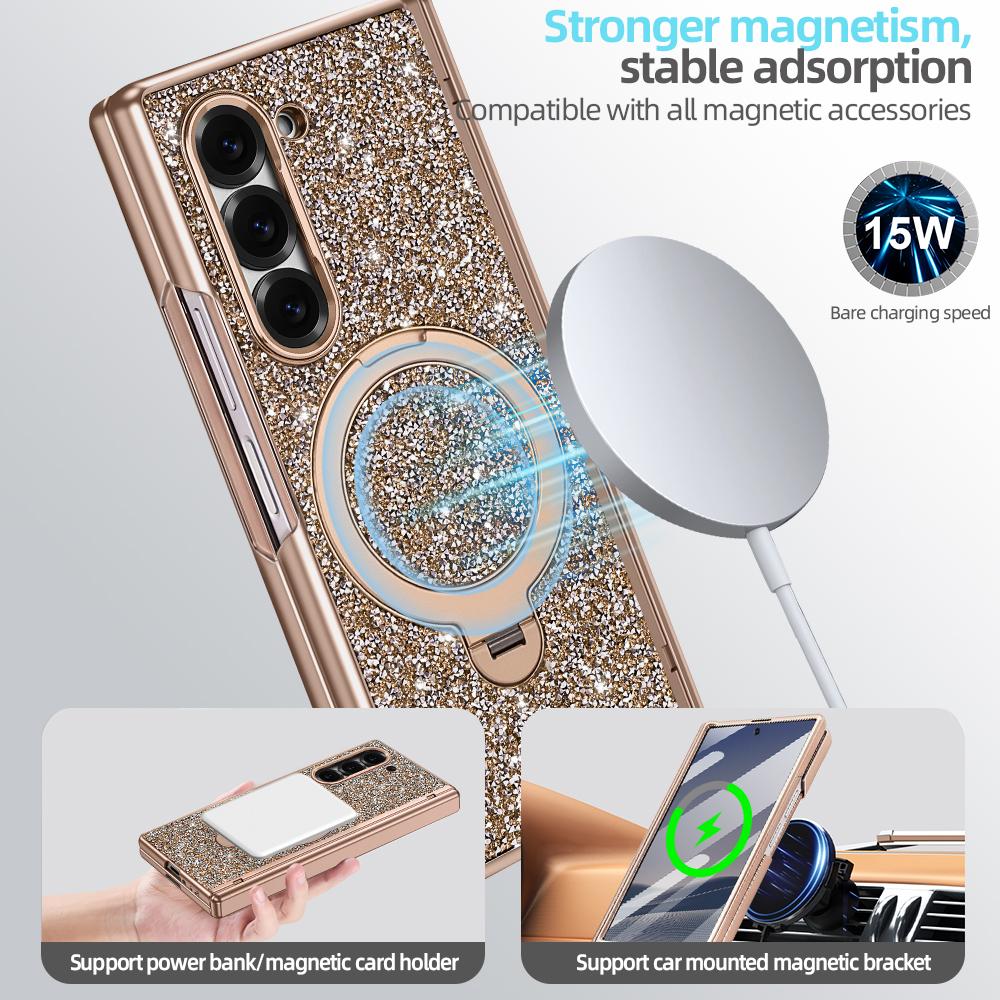 Glitter Bling Faux Leather Plating Magnetic Phone Case for Galaxy Z Fold 7 Fold 6 with Rotatable Holder, Anti-peeping Glass Film
