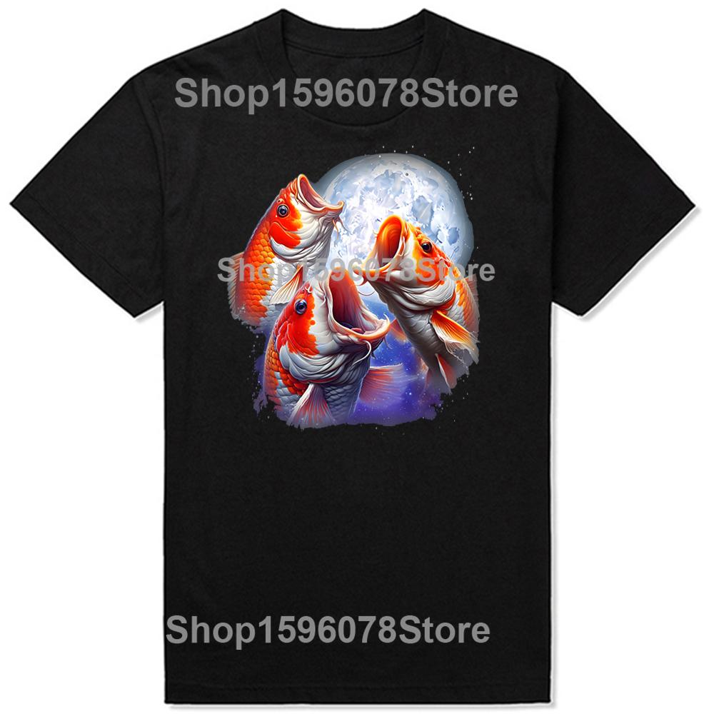 Fish Howling At The Moon Funny Carp Fishing T Shirts Men Cotton Humor Streetwear Tee Shirt Short Sleeve Unisex Loose Clothing