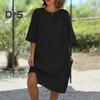 Lockeres Hemdkleid aus Baumwollleinen für Damen, lässiges Midikleid mit 1/2-Ärmeln und Rundhalsausschnitt, Sommerurlaub, Strand, Sommerkleid