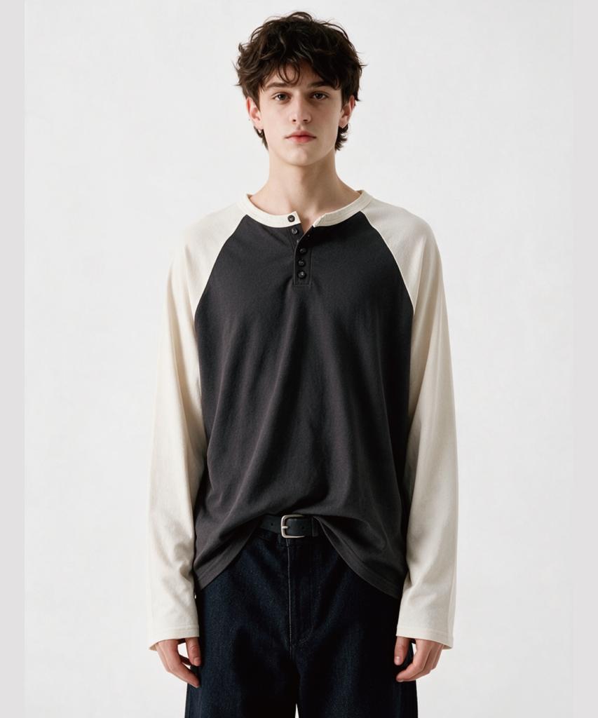 HONO REPORT Raglan Henley Neck Long Sleeve_Charcoal