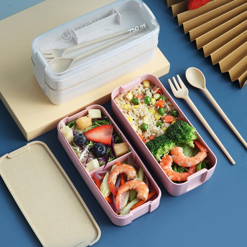 Double-Layer Wheat Straw Lunch Box With Fork And Spoon Microwave Safe Portable Lunch Box For Office Workers And Students