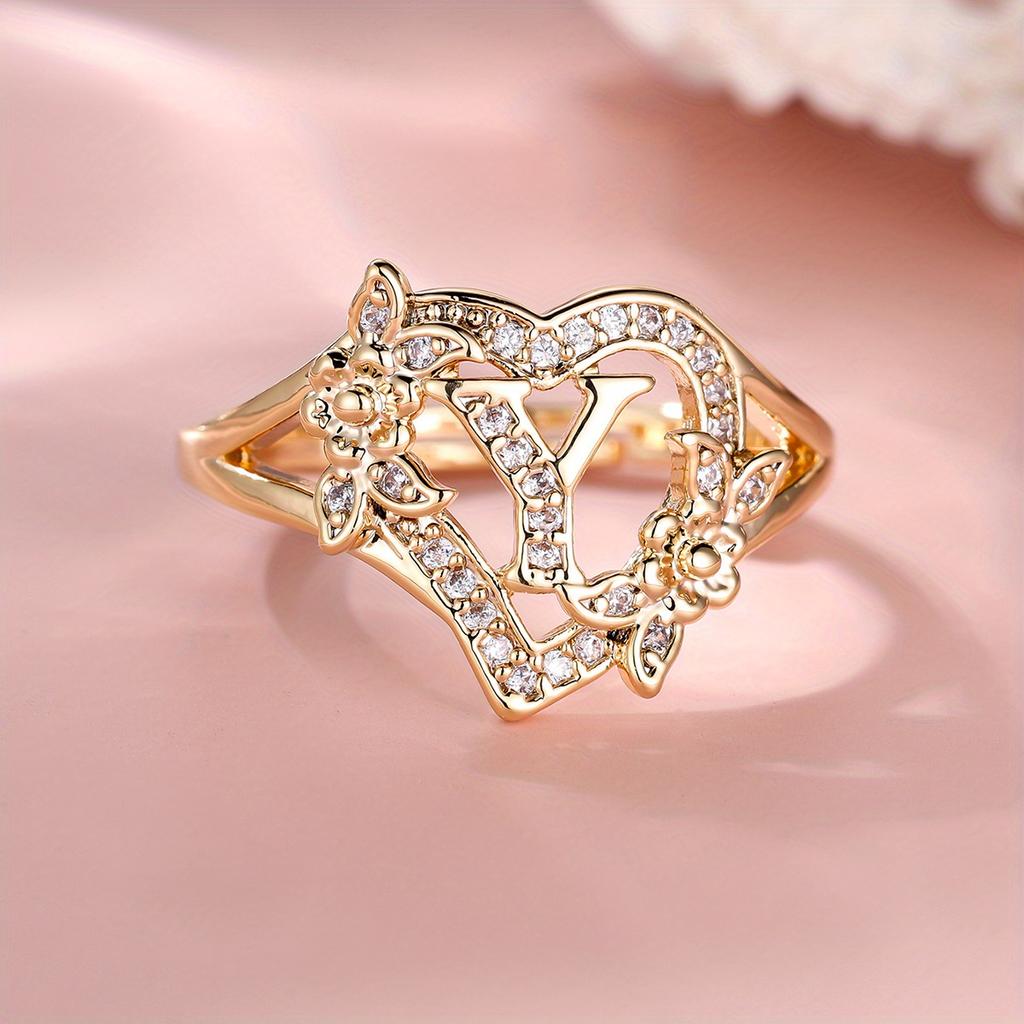 1 Stück goldene Farbe 26 englische Buchstaben CZ Zirkon Ring Rose Blume verstellbare Öffnung Ring Ehering Schmuck Valentinstag Geschenk
