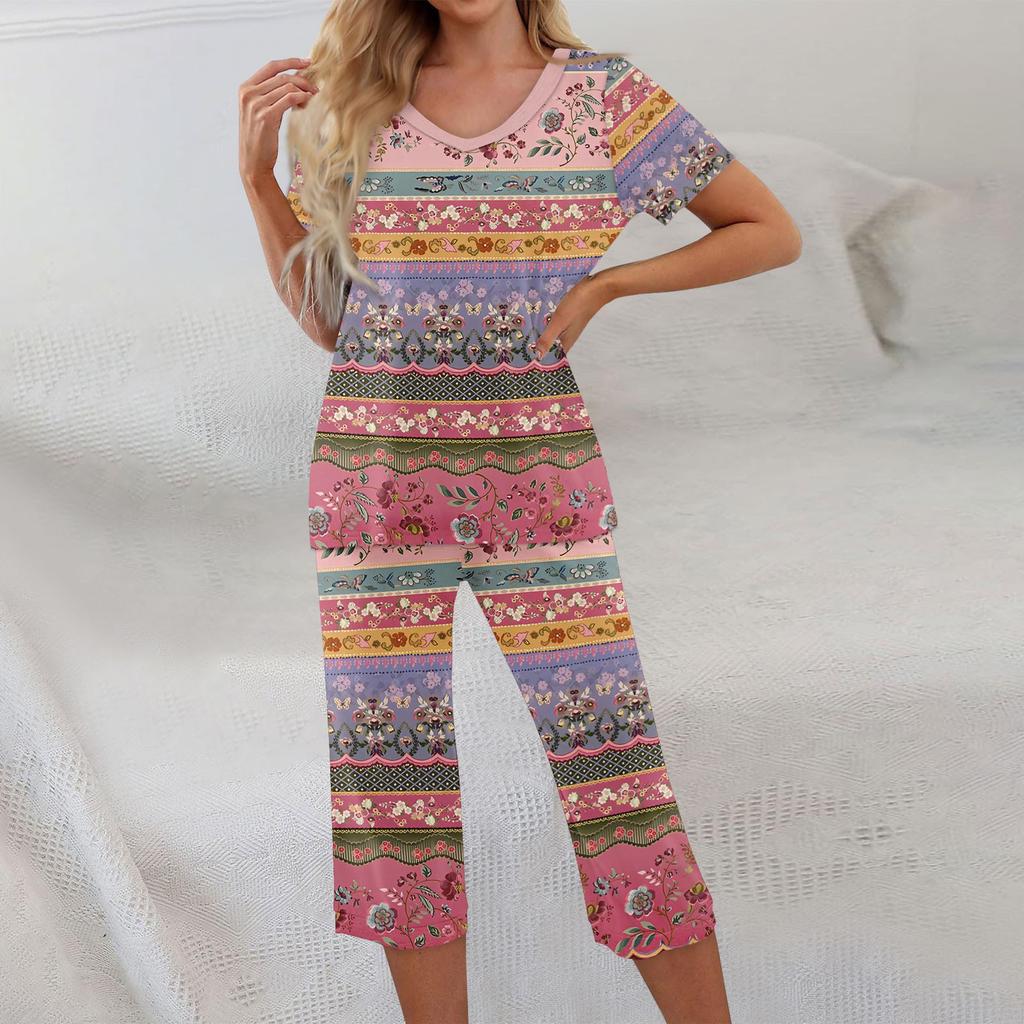 2 Piece Sets For Women Short Sleeve Top And Pants With Pockets Workout Soft Textured Print Sets
