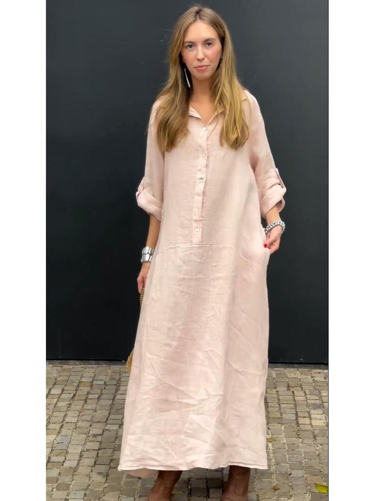 2024 Summer Women's Casual Plus Size Cotton Linen Pocket Shirt Collar Dress