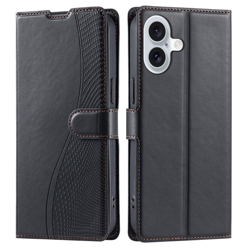 

For iPhone 16 Case Dots Imprinted PU Leather Flip Phone Cover with Card Slot, Strap - Black