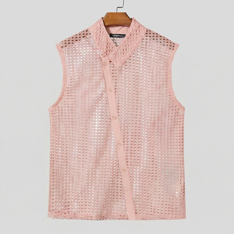 INCERUN Sommer Herren Ärmellose Netz Durchsichtige Nähte Strand Tanktops S rosa