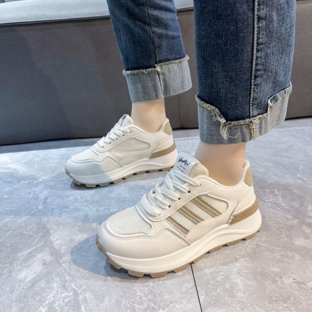 Thick Sole 2025 New Summer Autumn Women's Casual Board Shoes Spliced Sports Leather Surface Student Shoes